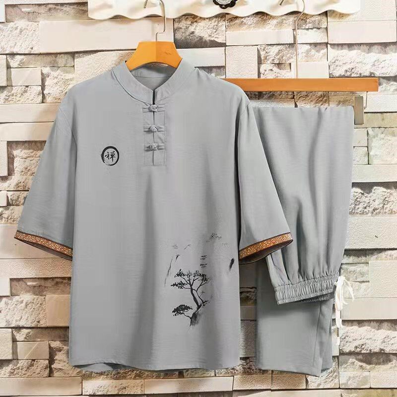 中年男装爸爸夏装套装男士中国风宽松棉麻短袖老年人夏季爷爷衣服