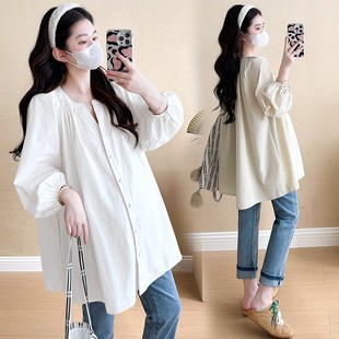 孕妇装秋季2024新款韩版宽松V领休闲中长款遮肚子衬衫上衣春秋款