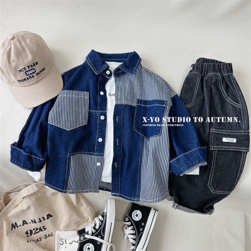 童装牛仔长袖衬衫春装新款2024男童休闲翻领春秋儿童洋气纯色外套