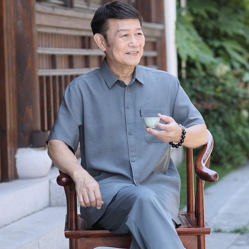 爸爸夏装短袖衬衫中老年唐装男中国风岁爷爷夏季套装老年人衣服