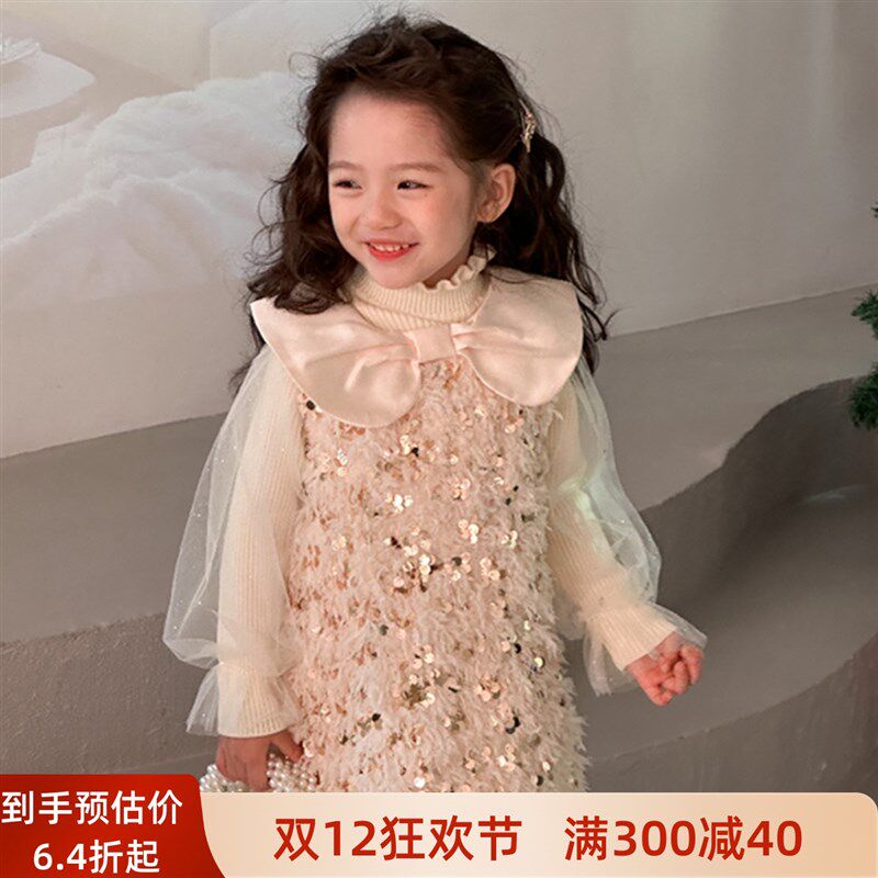女童秋冬连衣裙加绒新款洋气儿童亮片羽毛流苏公主裙女宝宝礼服裙
