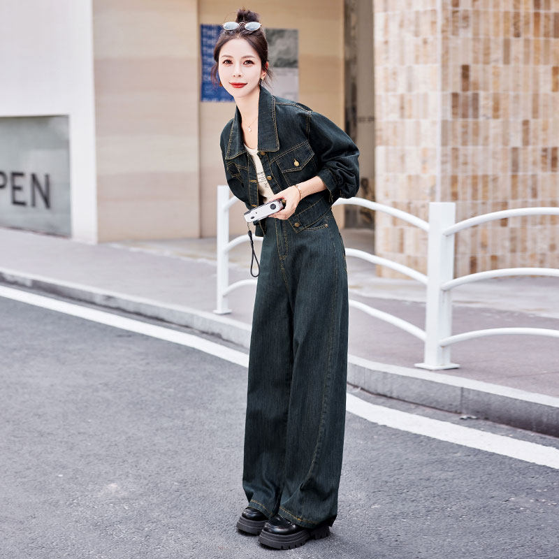 秋装搭配一整套2024年新款女装时尚牛仔阔腿裤套装两件套洋气时髦