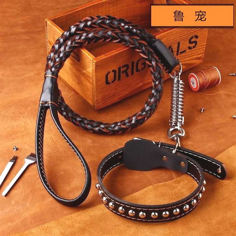 手工编八股牛皮绳 防爆冲牛皮大狗绳项圈套装 八股牛皮狗牵引绳