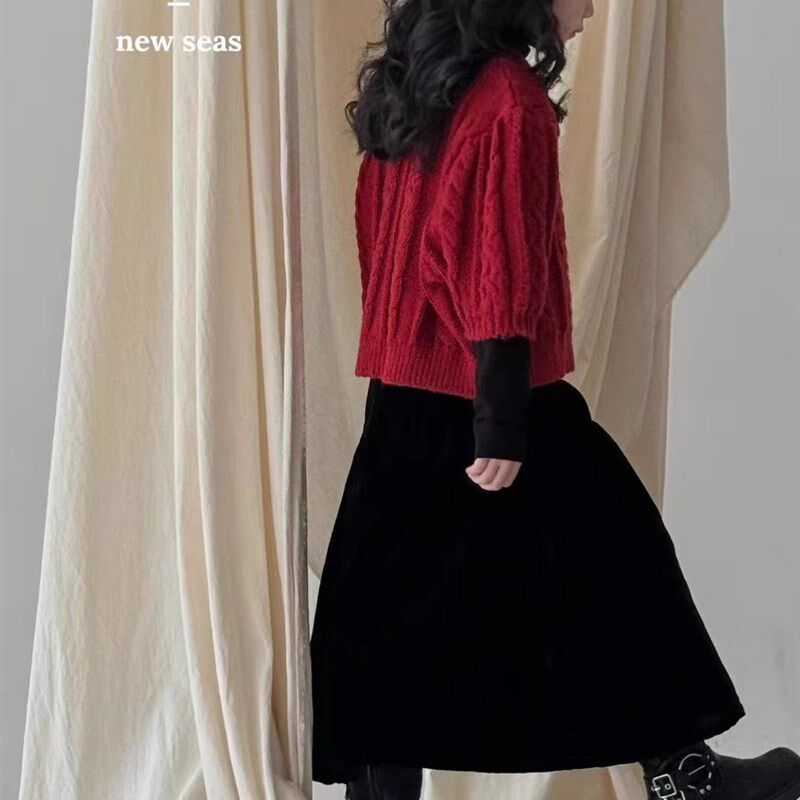 韩版童装女童公主裙2024春秋冬款加绒半身裙潮丝绒裙