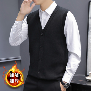 秋冬季毛衣背心西装领马甲男商务休闲加绒加厚职业正装无袖针织衫