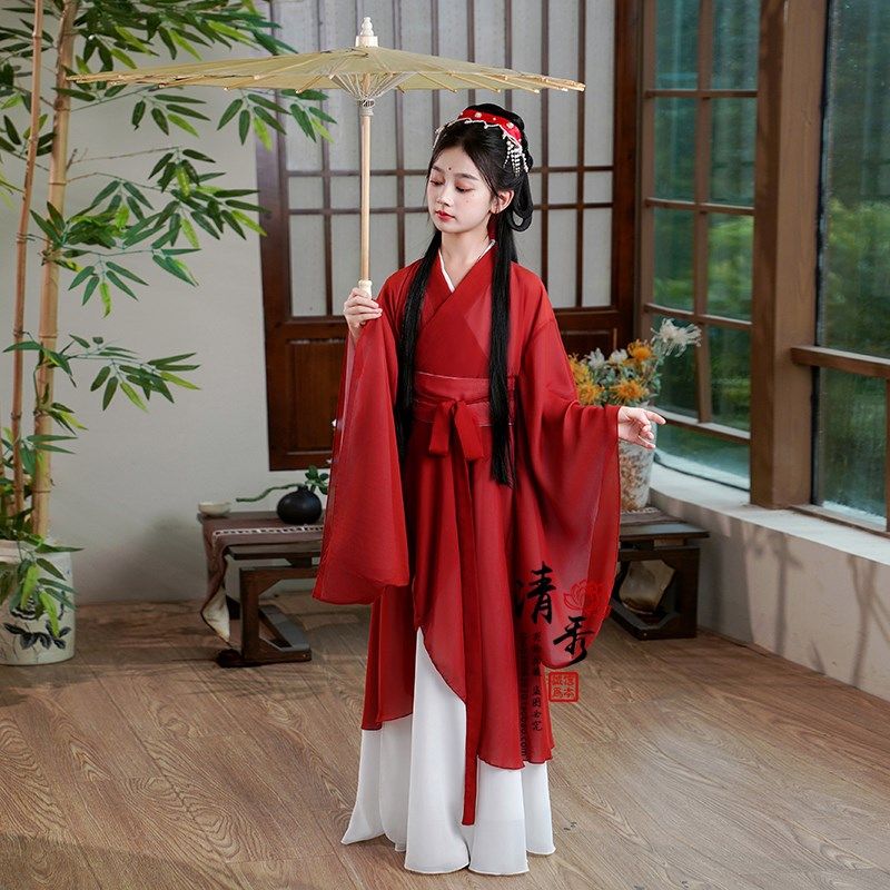 女童汉服古风秋冬红战国袍儿童古装魏晋风广袖交领超仙唐装演出服