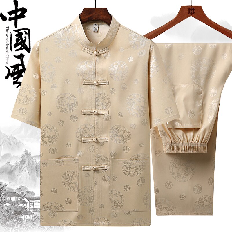 夏季短袖唐装两件套装中老年人男士爸爸中国风中式大码爷爷复古装