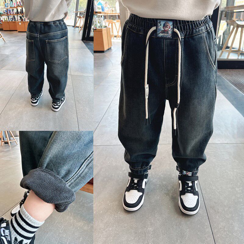 洋气复古色~男童加绒软牛仔裤2024秋冬季儿童一体绒洋气收脚裤子