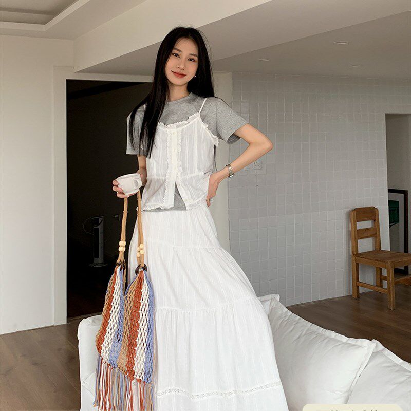 左佳琪白色法式温柔套装系带吊带背心上衣夏季半身长裙子两件套