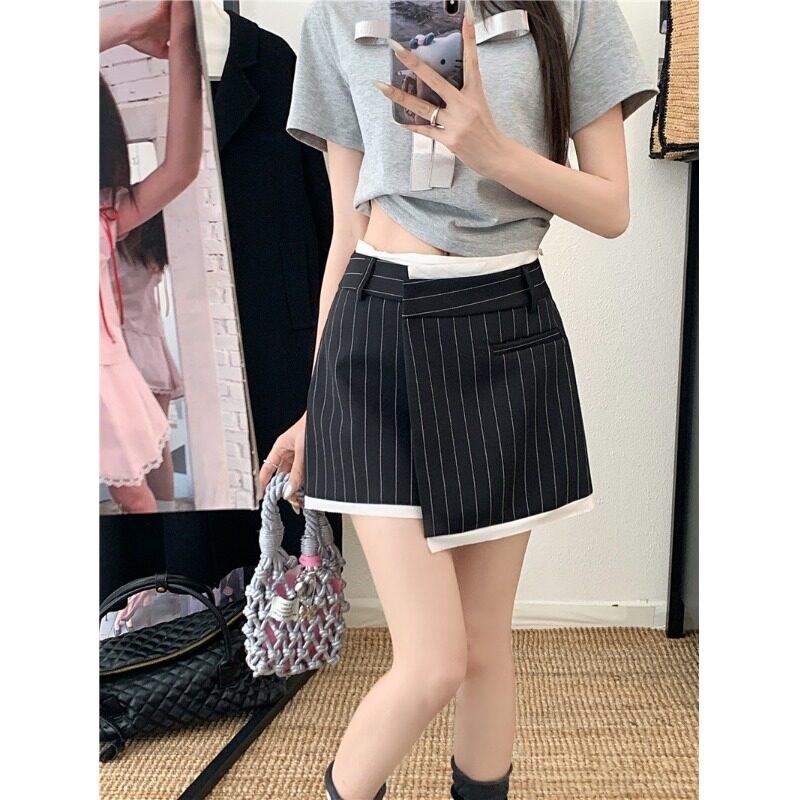 大码不规则条纹半身裙女2025夏胖mm遮肚子显瘦防走光包臀a字短裙