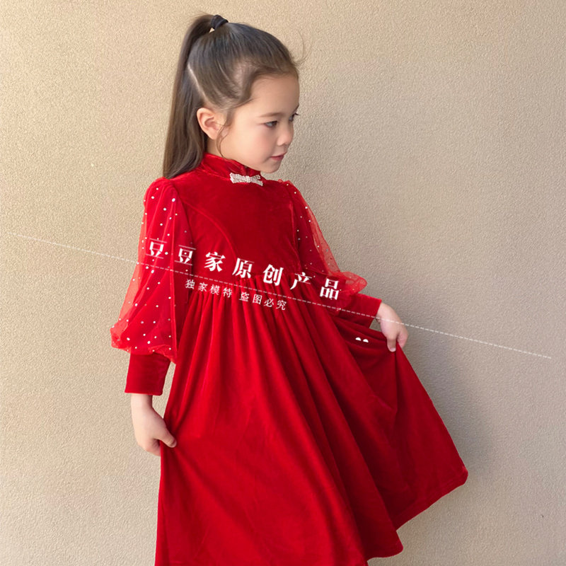 豆豆家女童丝绒旗袍秋冬中国风复古中长款连衣裙宝宝旗袍红色年服
