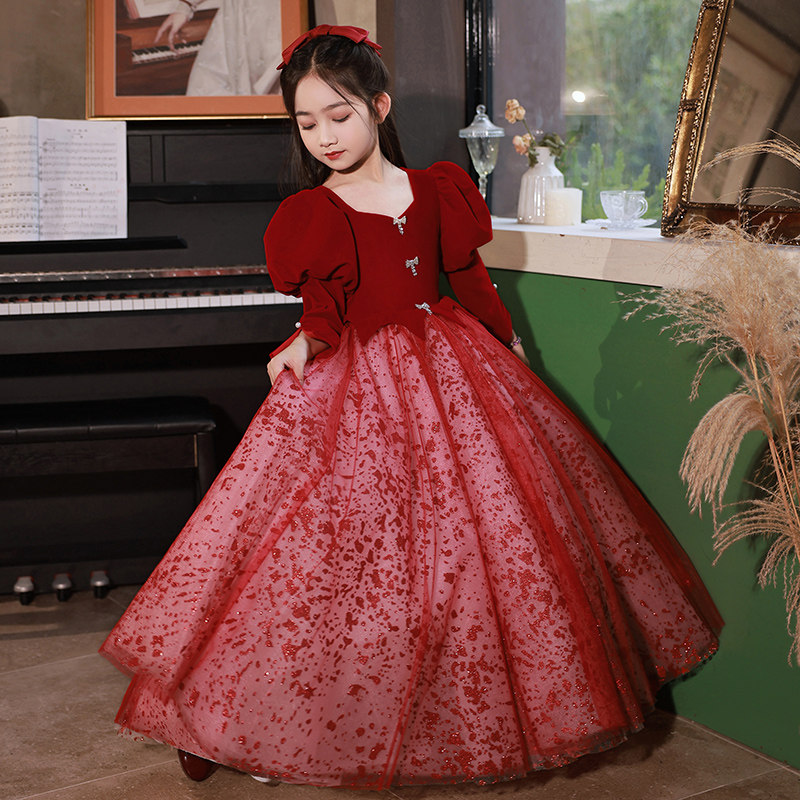 钢琴演奏晚礼服女童丝绒儿童红色赫本风高端生日主持人公主裙秋冬