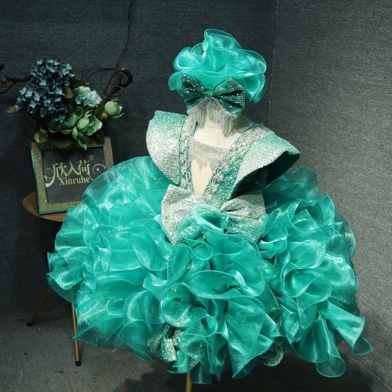 短款礼服蓬蓬裙绿色亮片女童六一主持人走秀舞台奢华演出服,童装/婴儿装/亲子装,儿童礼服,淘宝优惠券,粉丝福利购,淘宝优惠卷