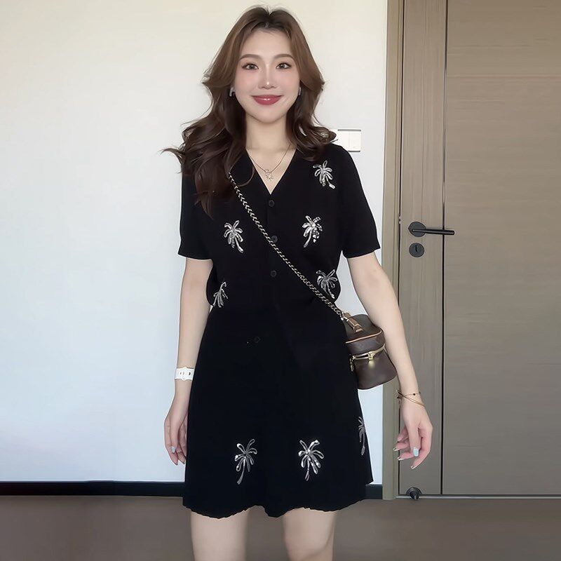 大码女装胖mm高级感V领亮片针织短袖上衣+半裙2025夏季显瘦套装