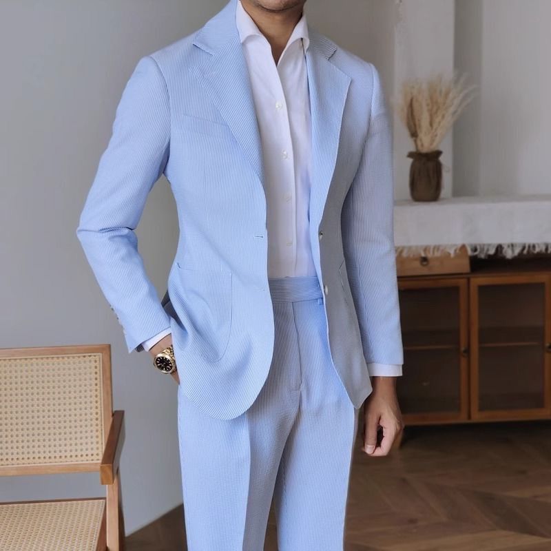 秋季新款薄款男士休闲简约蓝色条纹泡泡纱西服英伦绅士西装外套