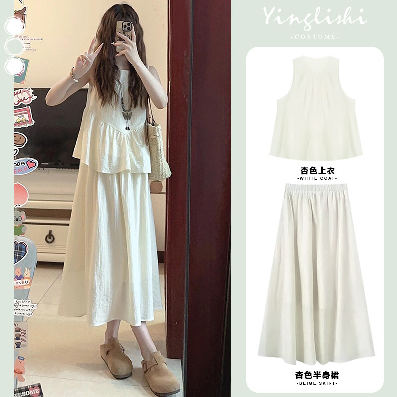 夏装搭配一整套2025冷淡风茶系穿搭新中式时尚气质连衣裙子套装女