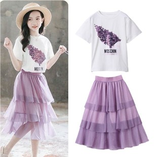 女童连衣裙套装夏季短袖t恤半身两件蛋糕纱裙紫色休闲过膝长裙子