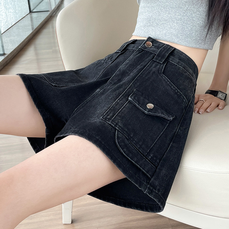 黑色高腰牛仔短裤女夏季薄款2025新款小个子宽松显瘦a字阔腿热裤