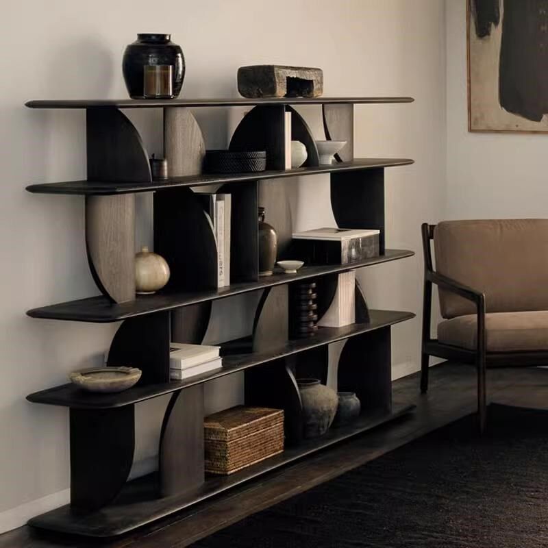 实木书架黑色落地侘寂博古架北欧书柜展示柜客厅多宝格屏风隔断