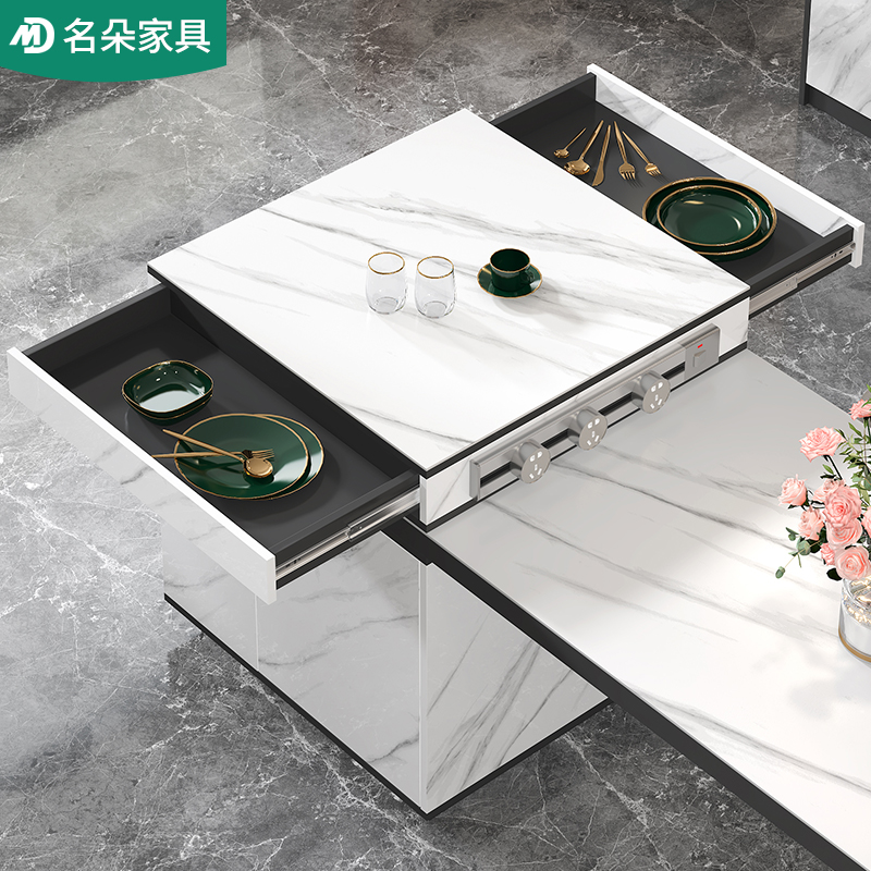 岩板中岛台餐桌一体多功能厨房可伸缩现代简约家用餐边柜茶桌吧台