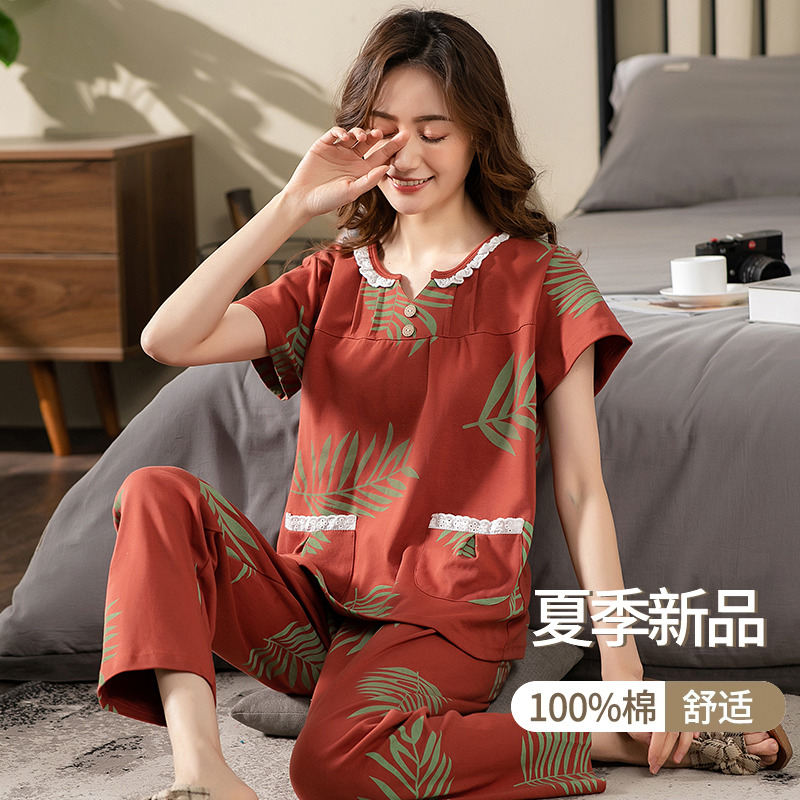 睡衣女士夏季短袖长裤纯棉薄款套头中年妈妈加肥加大码套装家居服