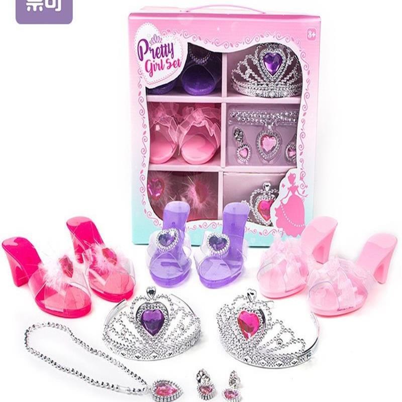外贸儿童饰品玩具女孩妆扮过家家水晶高跟鞋可穿项链公主背包套