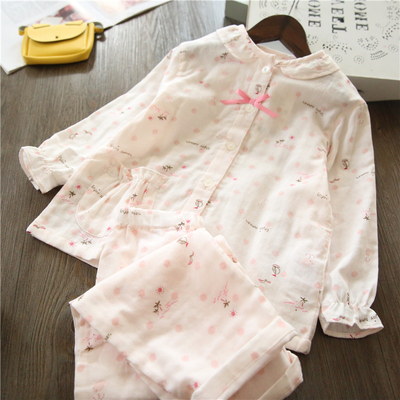 春夏季韩版纯棉纱布儿童女童睡衣长袖春秋可爱卡通无领家居服套装
