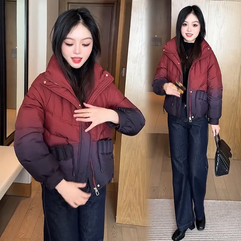 渐变色短款羽绒棉服女款冬季2025今年流行新款爆款立领小棉袄外套