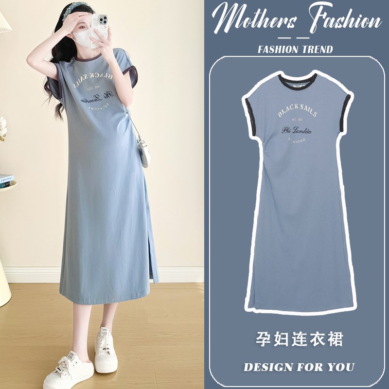 孕妇连衣裙夏季2025新款蓝色圆领宽松遮肚显瘦休闲短袖潮妈中长款