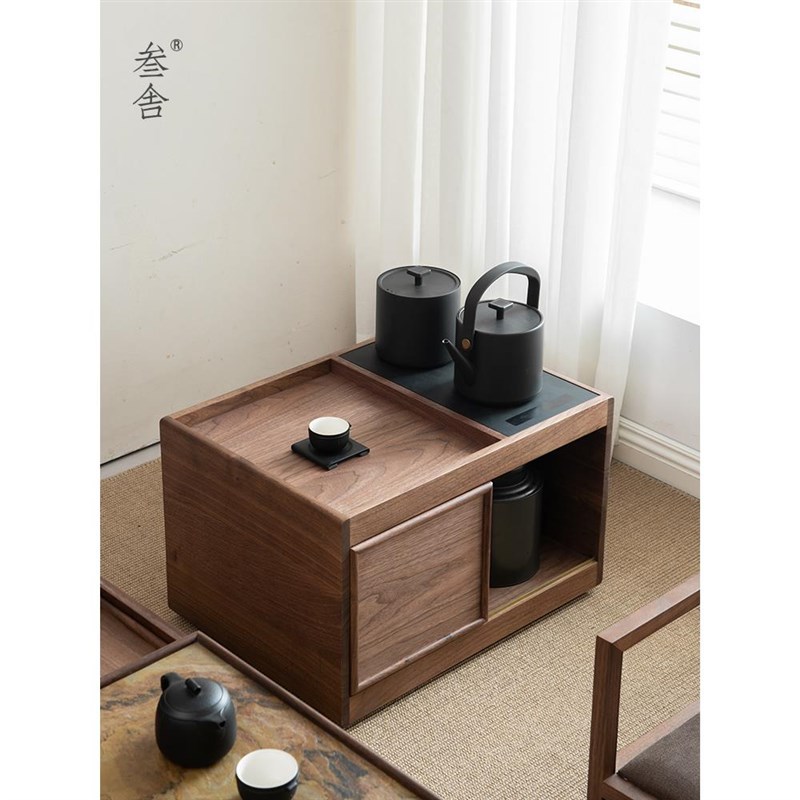叁舍日式茶桌侧边柜黑胡桃实x木茶水柜茶室家具推车烧水架水壶一