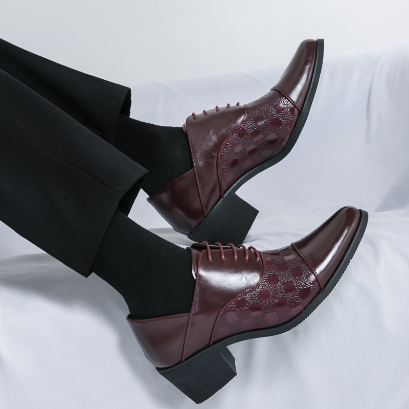 三接头高跟皮鞋男尖头正装皮鞋厚底增高鞋高跟男鞋新郎复古德比鞋