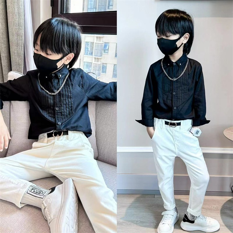 男童小礼服春秋童装主持人英伦风日系长袖黑色衬衫潮水钻儿童衬衣