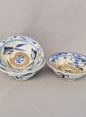 青花碗老瓷器小鱼花碗收藏品民俗老物件怀旧斗笠碗古董杂项摆件