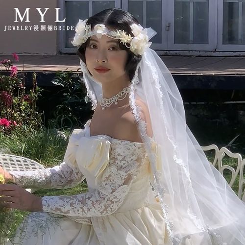 森系新款复古民国风新娘蕾丝边绢纱花朵发箍花环头纱影楼拍照配饰