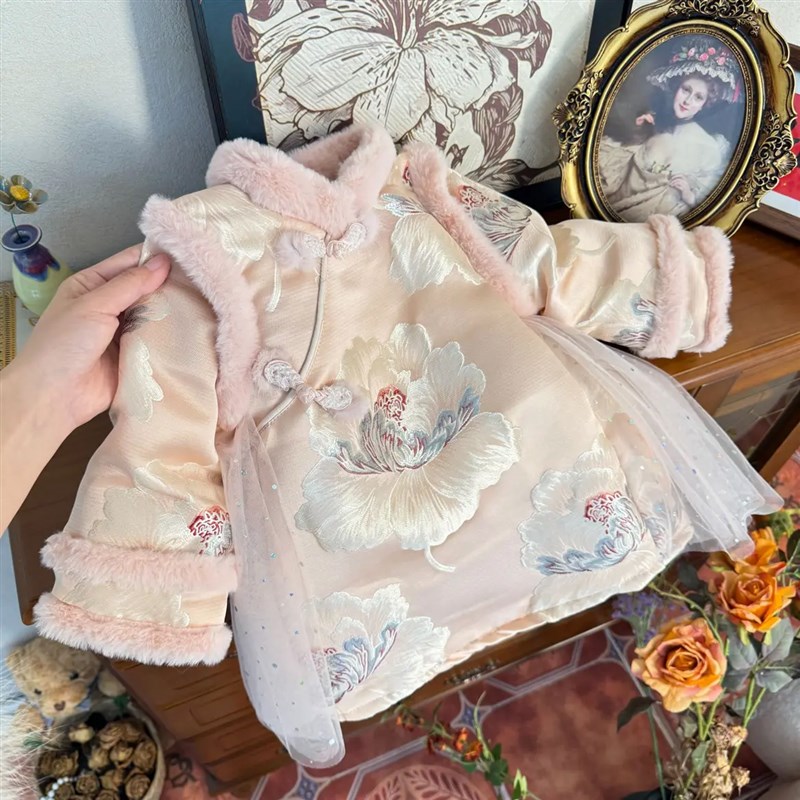 拜年服女童旗袍加绒连衣裙冬季婴儿周岁礼服女宝过年新年衣服唐装