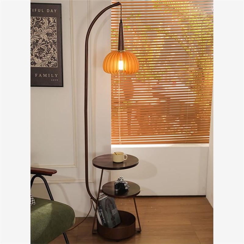 智能中古风落地灯客厅沙发t边复古茶几灯卧室床头置物一体装饰台