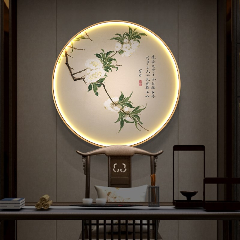 新中式书房发光装饰画茶室古典花卉DLED灯画玄关走廊过道艺术壁画图片