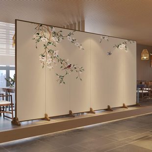 实木可折叠移动屏风隔断客厅玄关家用遮挡办公茶室花鸟折屏 新中式