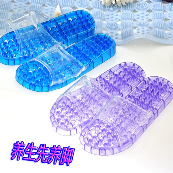 浴室拖鞋情侣家居洗澡水晶塑料男防滑漏水平底按摩拖鞋女夏室内
