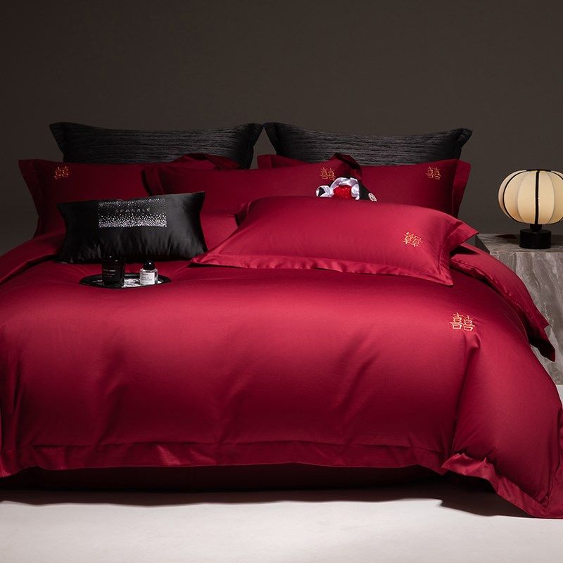 新中式喜字婚庆四件套全棉酒红色被套结婚P用床单陪嫁床上用品,床上用品,婚庆床品套件,淘宝优惠券,粉丝福利购,淘宝优惠卷