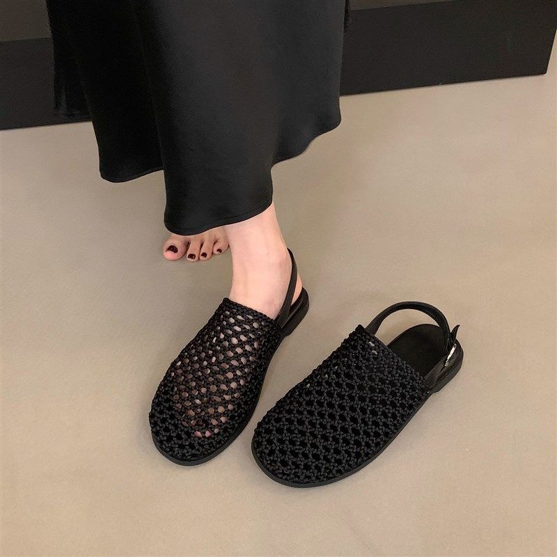 2025新款夏季软底凉拖凉鞋平底网面时尚黑色包R头半拖鞋女鞋子外