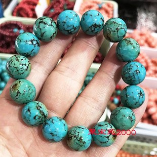 天然原矿高瓷绿松石手串网花铁线文玩手链乌兰花圆珠单圈男女手饰