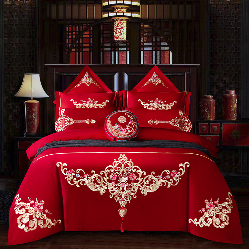 婚庆四件套大红色全棉刺绣新婚喜F被套件婚房绣花结婚床上用品,床上用品,婚庆床品套件,淘宝优惠券,粉丝福利购,淘宝优惠卷