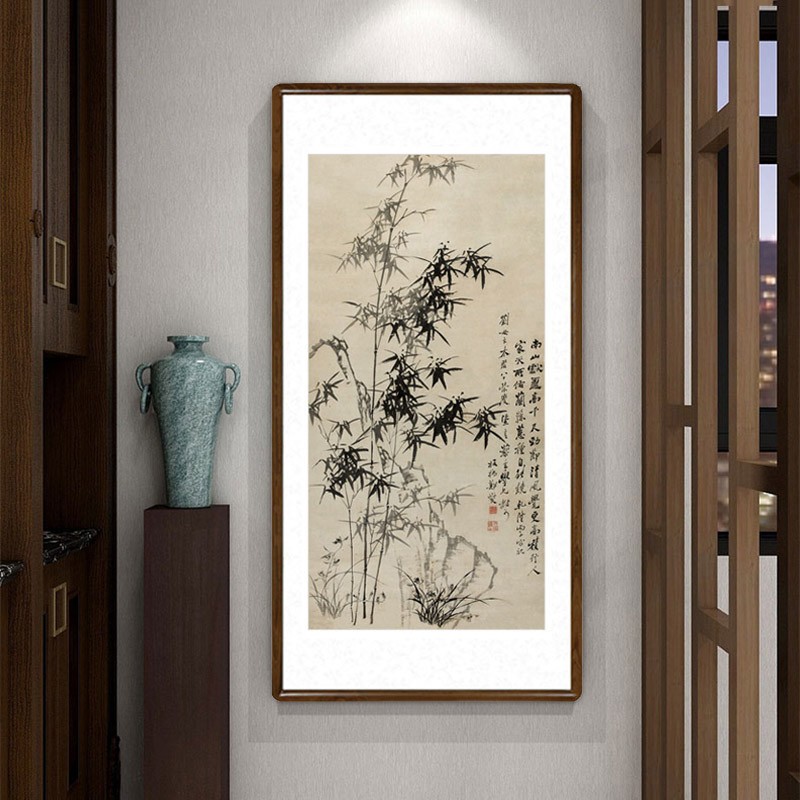 郑板桥竹石兰蕙图国画竹子写意水墨画中式客厅装饰画玄Y关竖版挂
