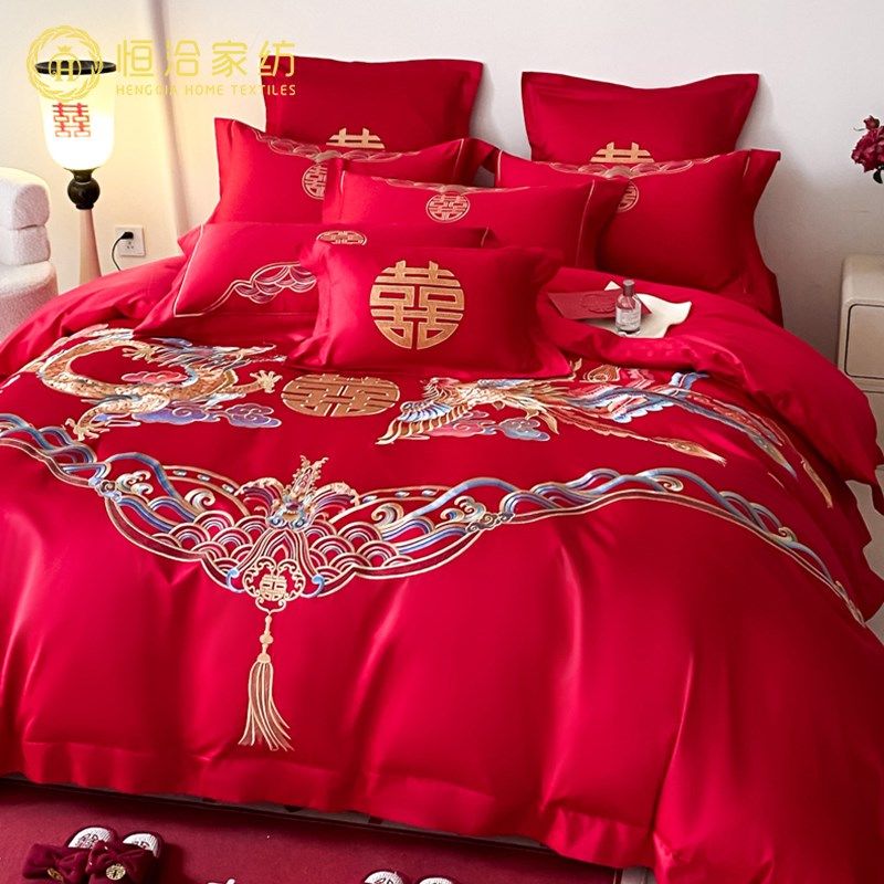 新中式风婚庆全棉四q件套结婚龙凤刺绣红色喜嫁被套床上用品,床上用品,婚庆床品套件,淘宝优惠券,粉丝福利购,淘宝优惠卷