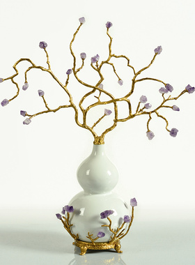 美式欧式白色冰裂纹陶瓷配铜葫z芦摆件送礼高档奢华玄关紫水晶摆