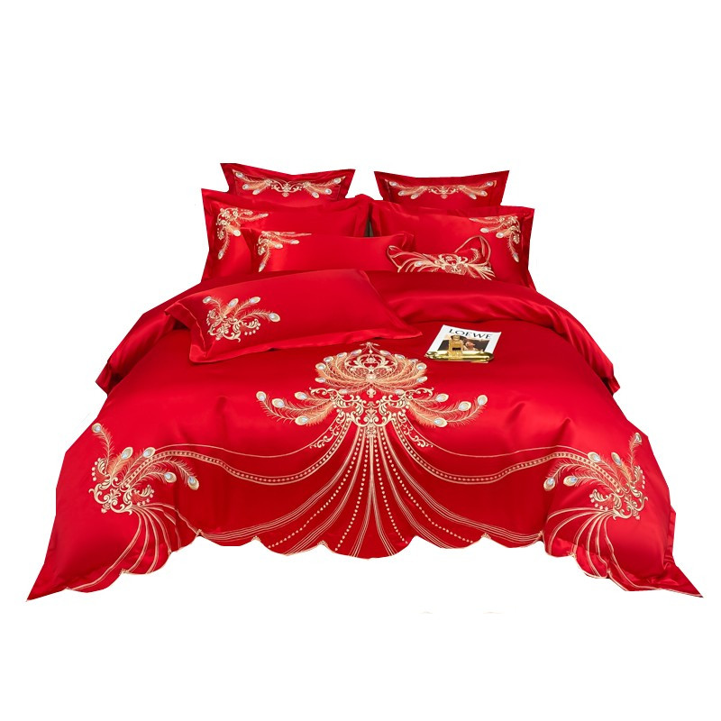结婚床上用品四件套婚庆大红色全棉O床单高级感刺绣被套,床上用品,婚庆床品套件,淘宝优惠券,粉丝福利购,淘宝优惠卷