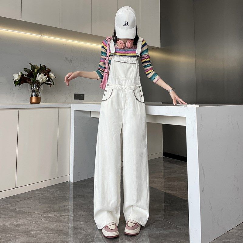 白色牛仔背带裤女2025新款春秋季慵F懒风减龄显瘦宽松阔腿连体长