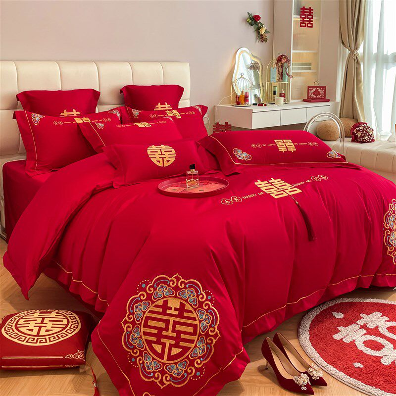 中式喜字结婚四件套q大红色床单被套婚庆床上用品婚房喜被,床上用品,婚庆床品套件,淘宝优惠券,粉丝福利购,淘宝优惠卷