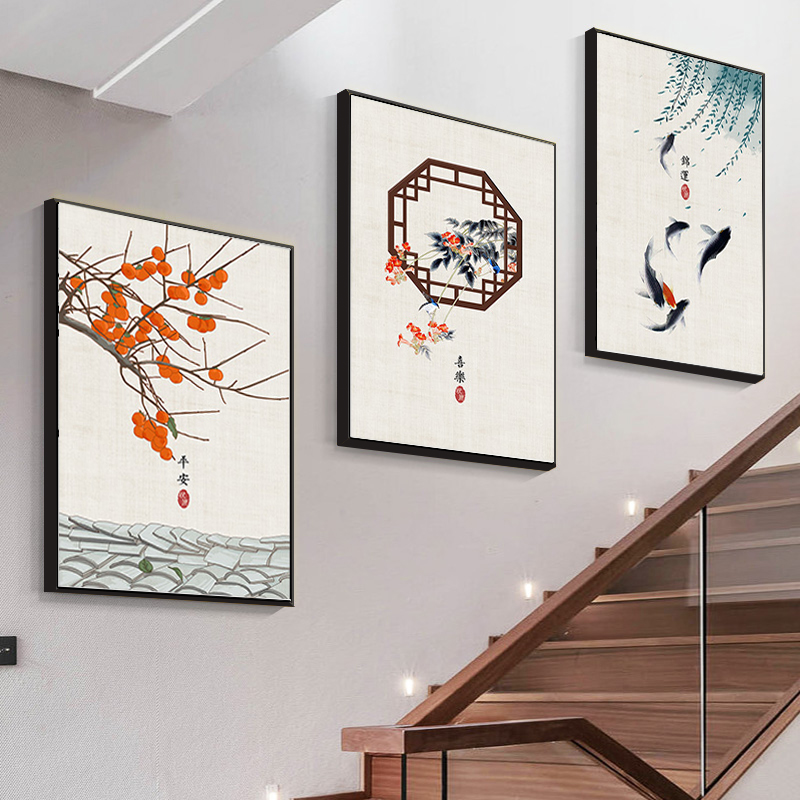 楼梯墙面装饰画新中式复式房间走廊背景墙挂画中国风过.道楼道壁图片